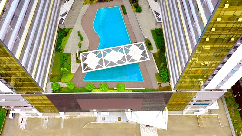 Aerial View of a pool in a condominium complex 